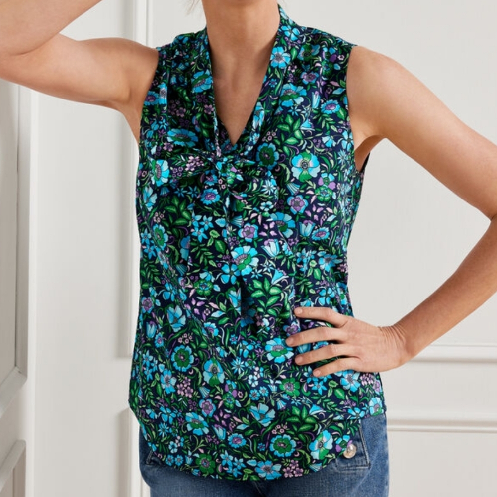 Talbots Petites Tie‎ Neck Shell - Spring Fleur Blue Green Floral Medium Blouse